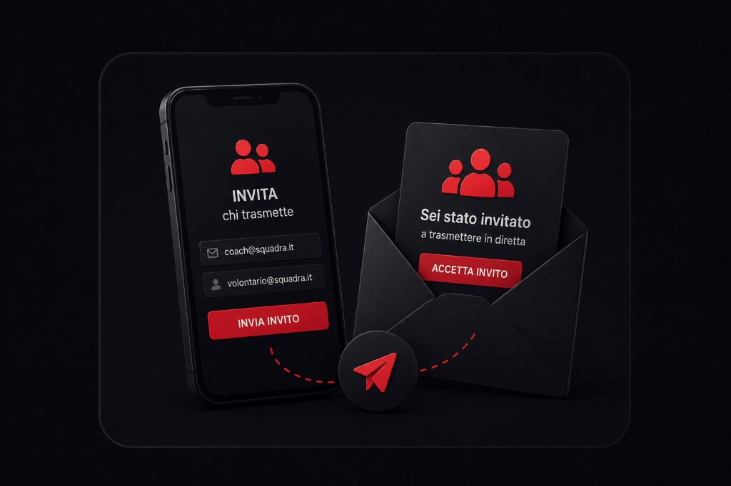 Invito a trasmettere: smartphone con invio email e busta con accetta invito
