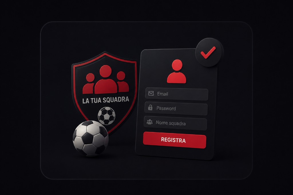 Registrazione squadra: scudo, pallone e modulo con email, password e nome squadra
